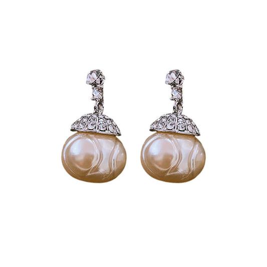 French Silver Pin Earrings With Diamonds, Pearl Earrings, Antique Earrings