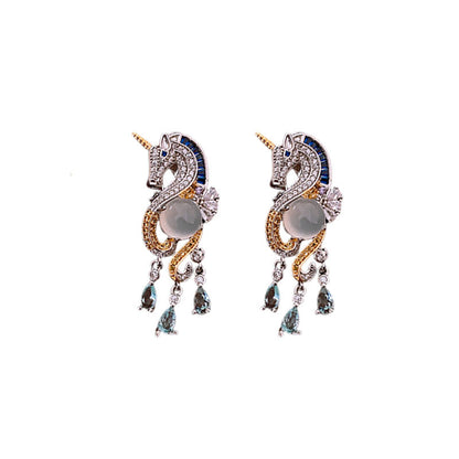 Silver Needle Zirconia Unicorn Earrings, Niche Design Earrings