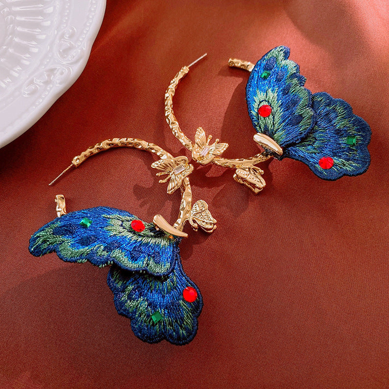 Embroidery and Diamond Butterfly Earrings, Niche Vintage Exaggerated Styling Earrings