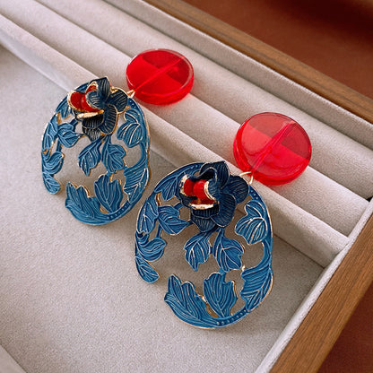 Chinese Baked Lacquer Earrings, Round Flower Earrings