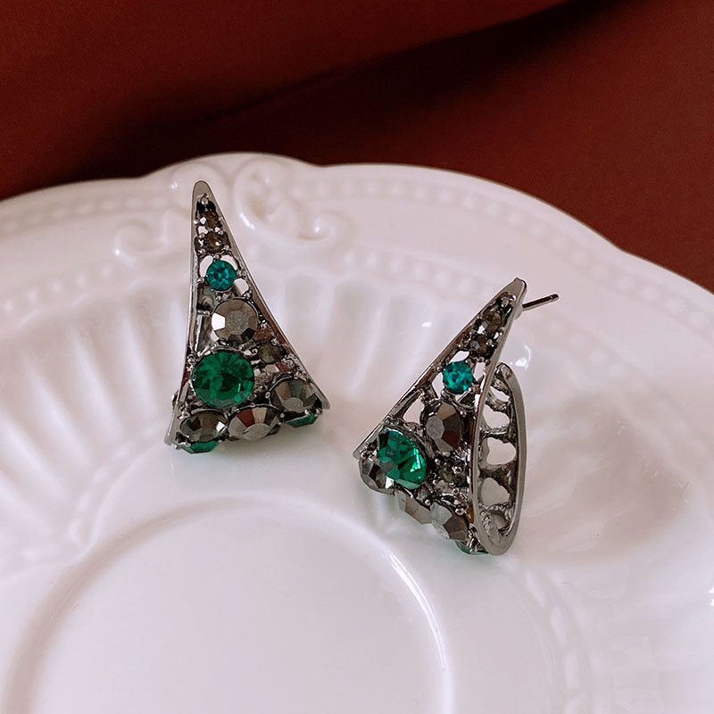 Silver Pin And Diamond Oval Earrings, Vintage Earrings