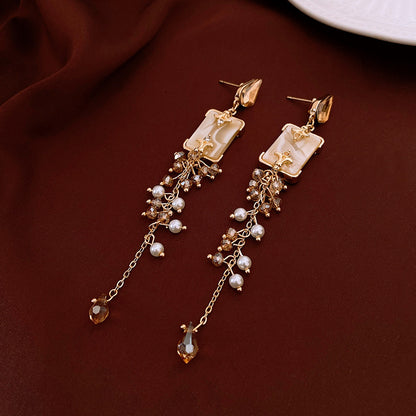 Diamond Iris Crystal Pearl Earrings with Tassels, Vintage Earrings