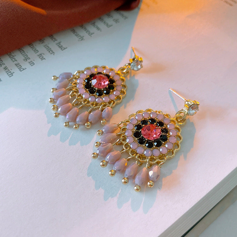 Silver Needle And Diamond Flower Earrings With Tassels, Retro Ethnic Style Earrings