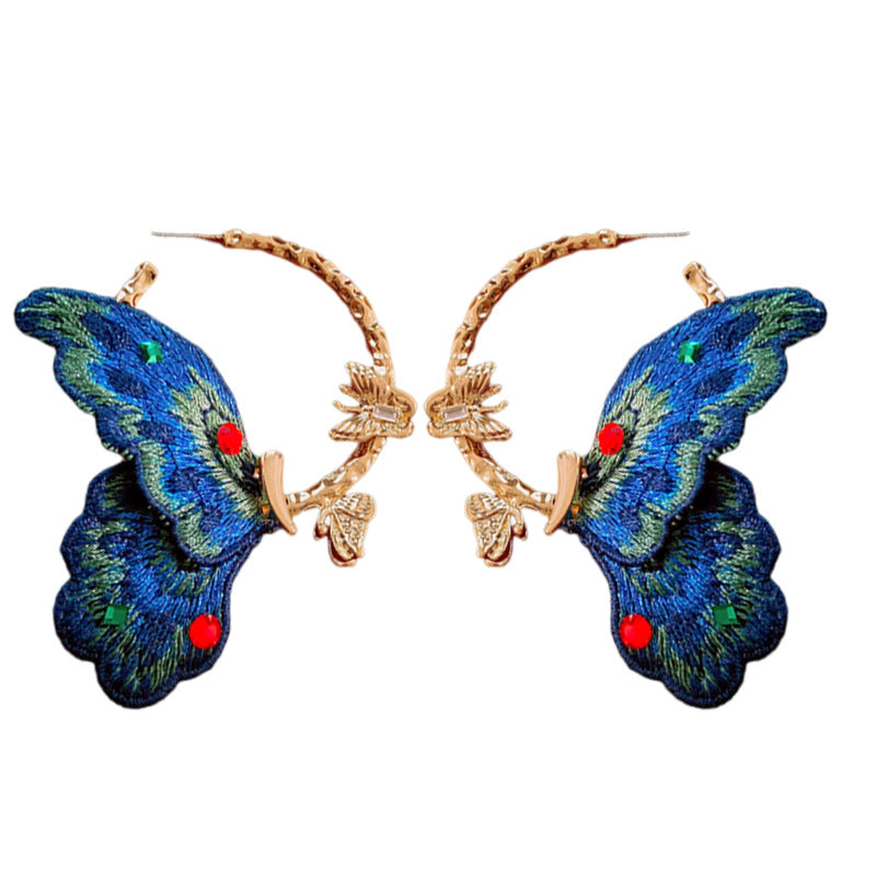 Embroidery and Diamond Butterfly Earrings, Niche Vintage Exaggerated Styling Earrings