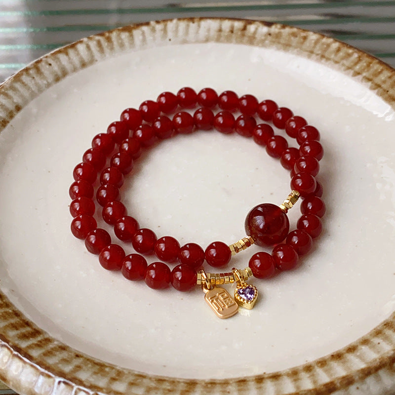 Natural Red Agate Bracelet, Zirconia Love Bracelet