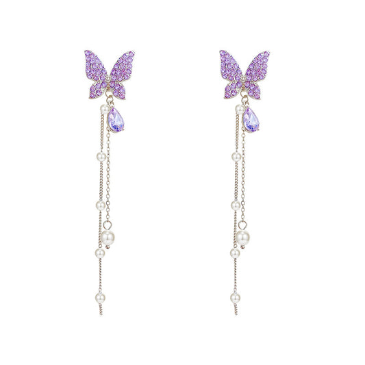 Silver Pin And Diamond Butterfly Earrings, Tasseled Faux Pearl Earrings