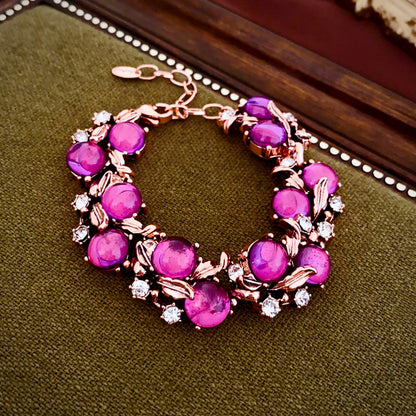 Purple Diamond Encrusted Flowers And Leaves Necklace Bracelet Earrings Set, Vintage Vintage Jewelry Set