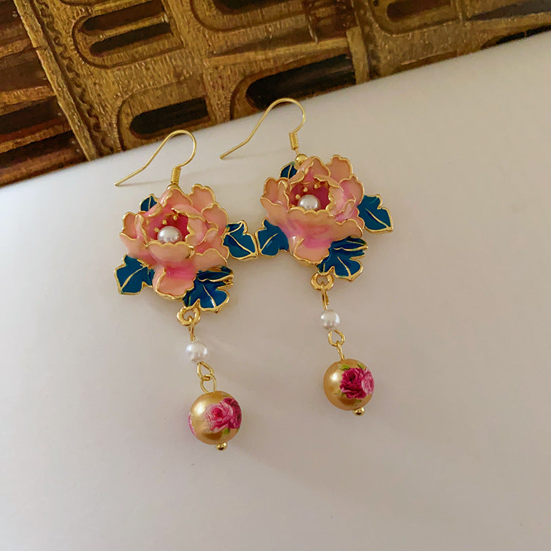 Oil Drip Flower Earrings, Faux Pearls with Tassel Earrings, European Vintage Earrings