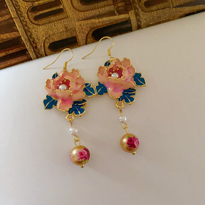 Oil Drip Flower Earrings, Faux Pearls with Tassel Earrings, European Vintage Earrings