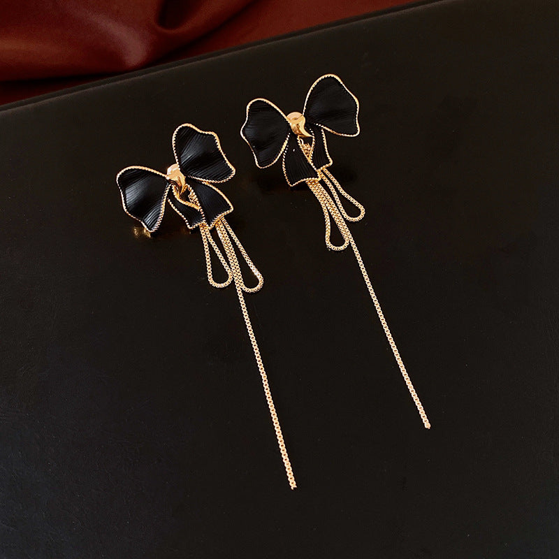 Genuine Gold Plated Silver Pin Earrings with Bow Tassel Earrings