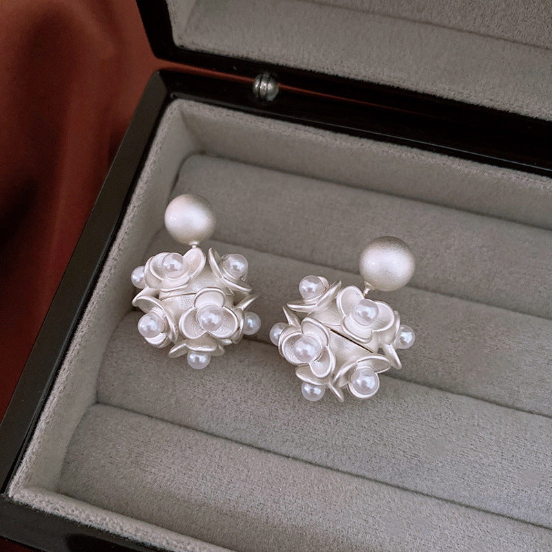 Silver Needle Flower Earrings, Ball Pearl Earrings