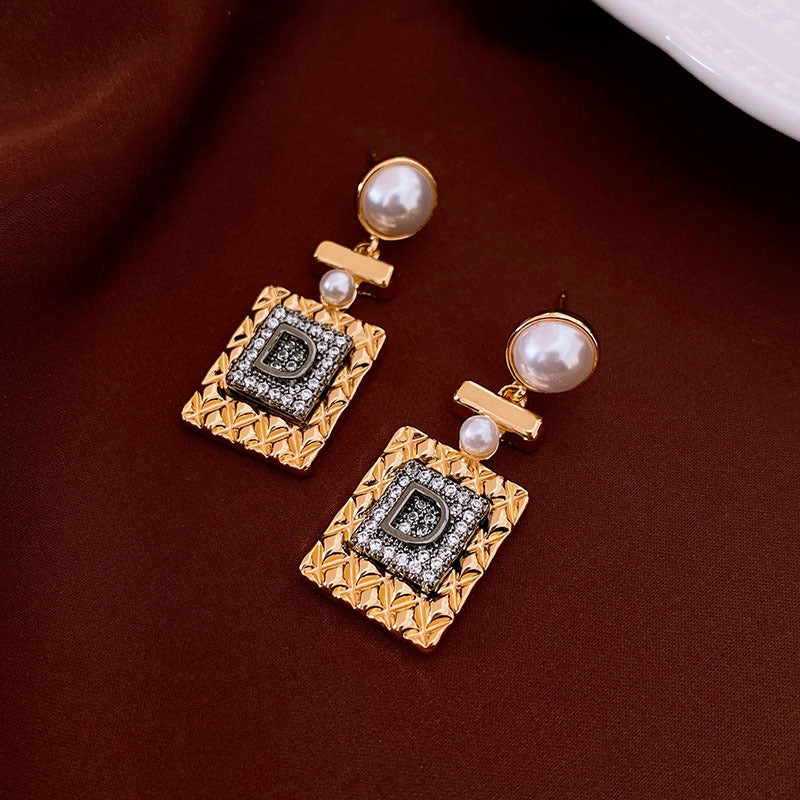 French Antique Silver Pin Earrings, Zirconia Square Letter Pearl Earrings