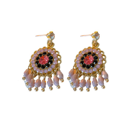 Silver Needle And Diamond Flower Earrings With Tassels, Retro Ethnic Style Earrings