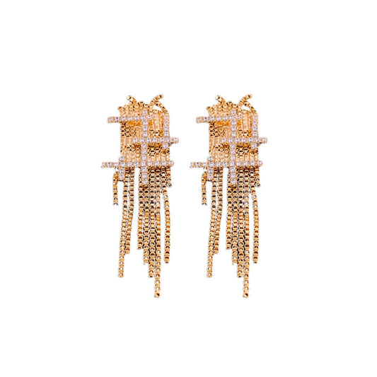 Genuine Gold Plated Silver Pin Earrings, Zirconia Tassel Earrings