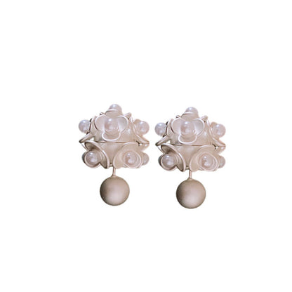 Silver Needle Flower Earrings, Ball Pearl Earrings