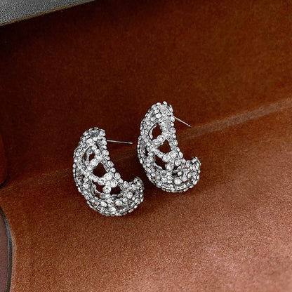 Silver Pin Earrings With Diamonds, C-shaped Openwork Earrings