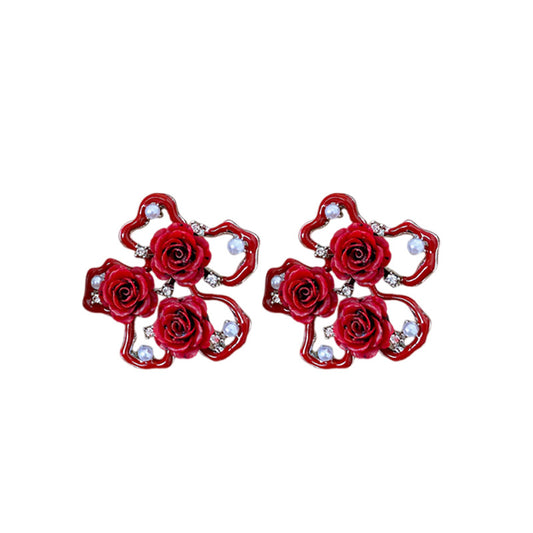 Silver Pin Earrings With Diamonds And Oil-dripping Flower And Pearl Earrings