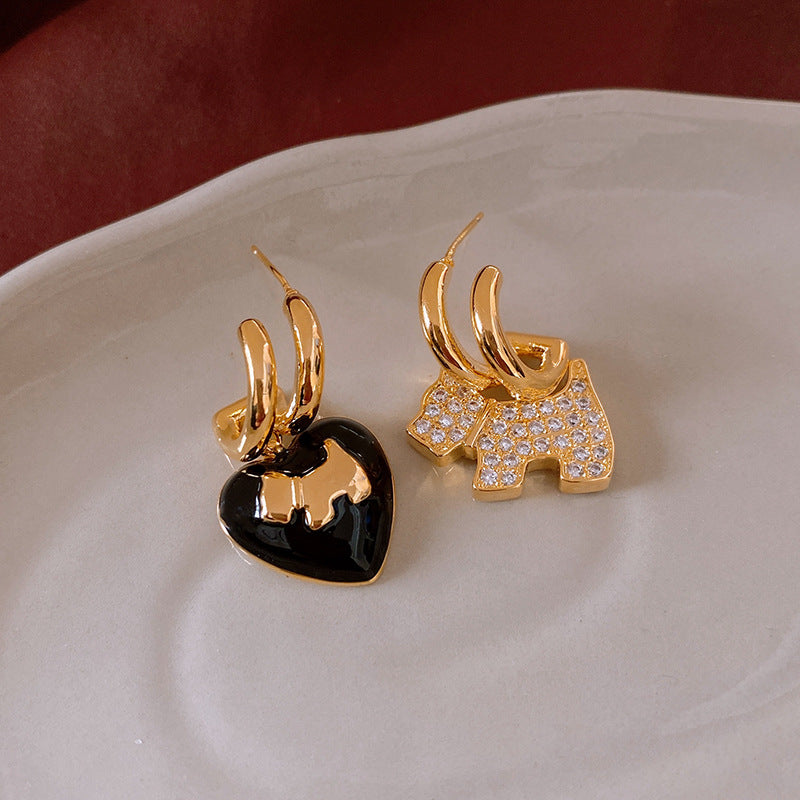 Genuine Gold Plated Silver Pin Earrings, Zirconia Heart Asymmetric Earrings