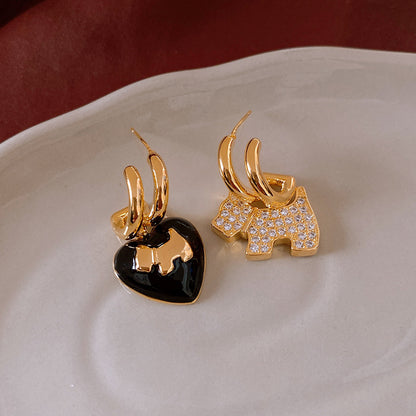 Genuine Gold Plated Silver Pin Earrings, Zirconia Heart Asymmetric Earrings