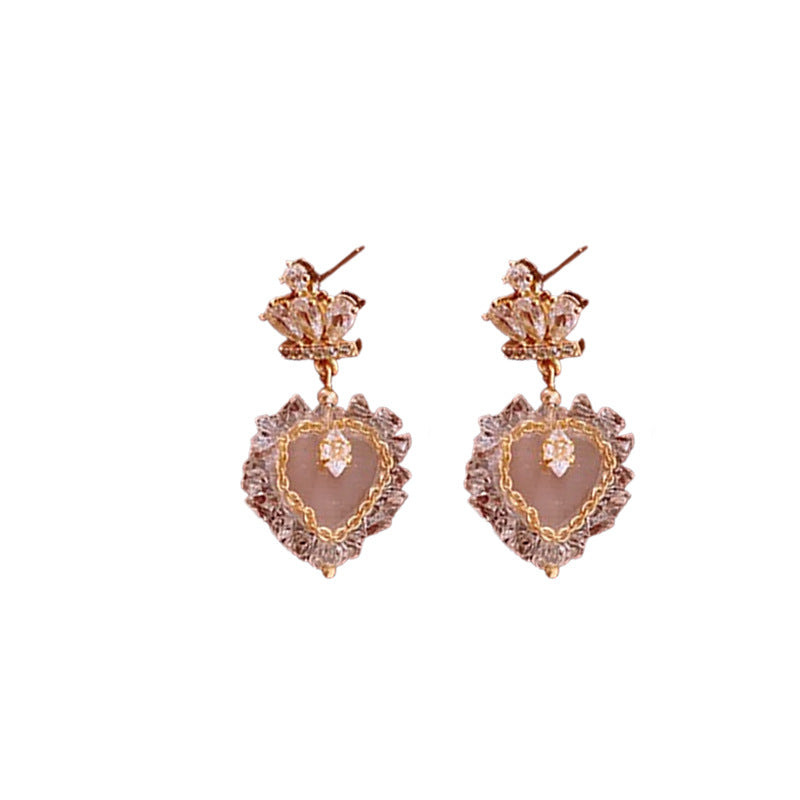 Genuine Gold Plated Silver Pin Earrings, Zirconia Crown Heart Earrings, European Vintage Earrings