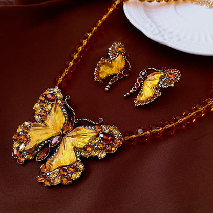 Vintage earring jewelry, crystal butterfly shape necklace, glass bead necklace earring set