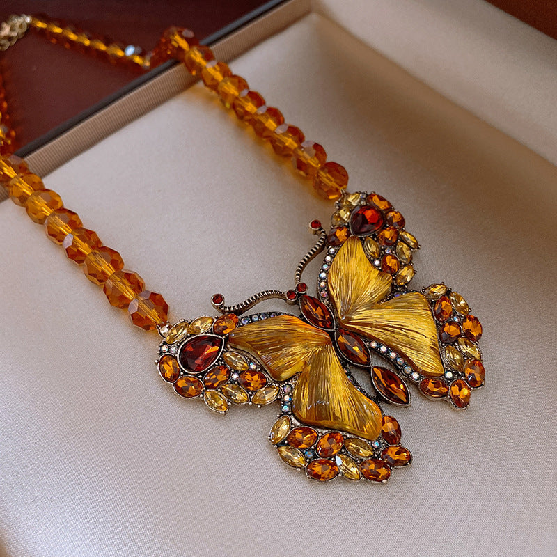 Vintage earring jewelry, crystal butterfly shape necklace, glass bead necklace earring set