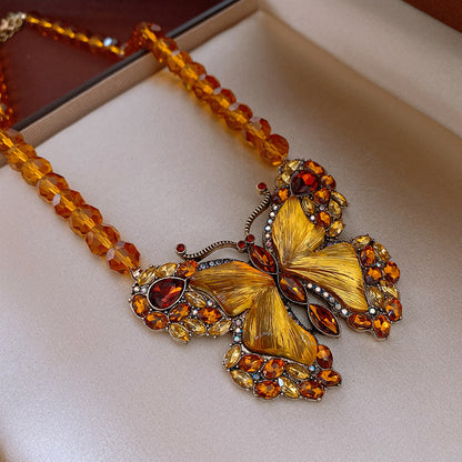 Vintage earring jewelry, crystal butterfly shape necklace, glass bead necklace earring set