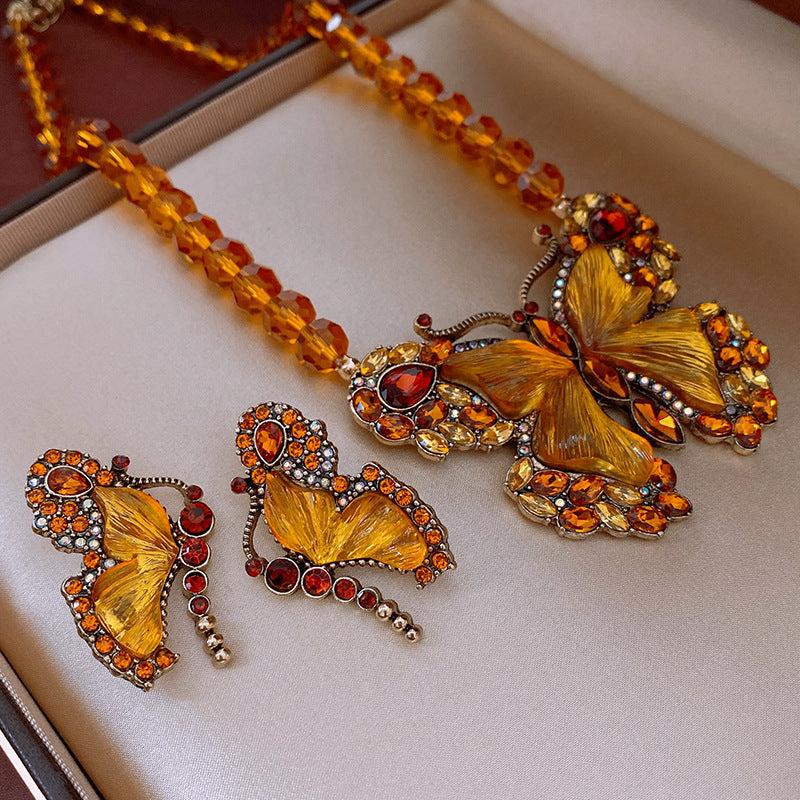 Vintage earring jewelry, crystal butterfly shape necklace, glass bead necklace earring set