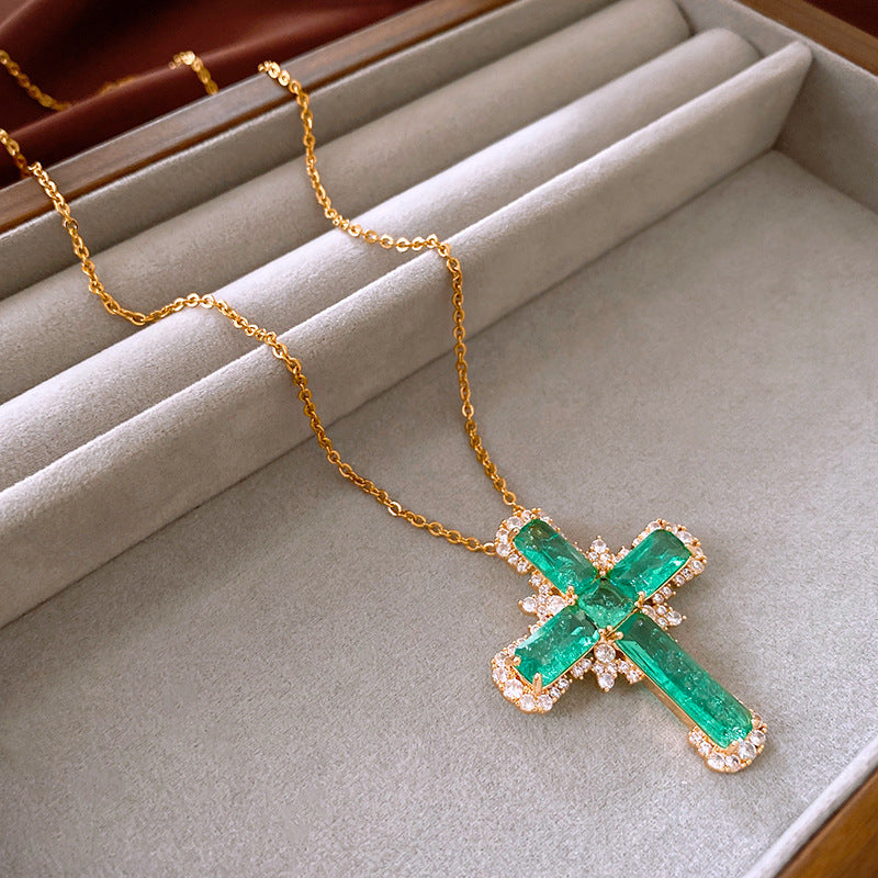 Zirconia cross pendant, vintage collarbone chain, dress necklace jewelry